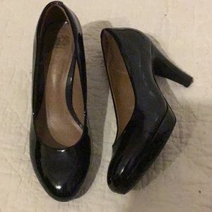 Clarks patent leather platform pumps
